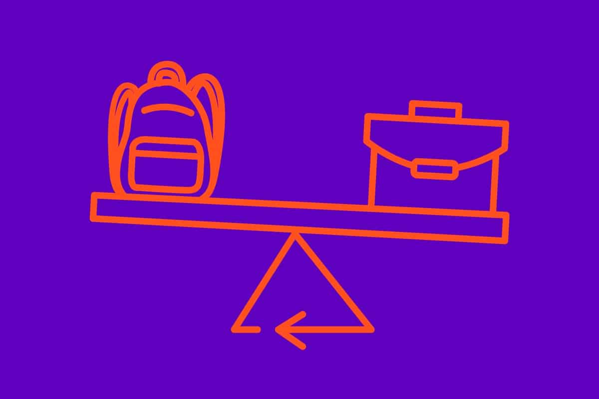 Illustration of a school backpack and a briefcase balancing on a scale as a visual accompaniment to a blog post on work experience at a website agency