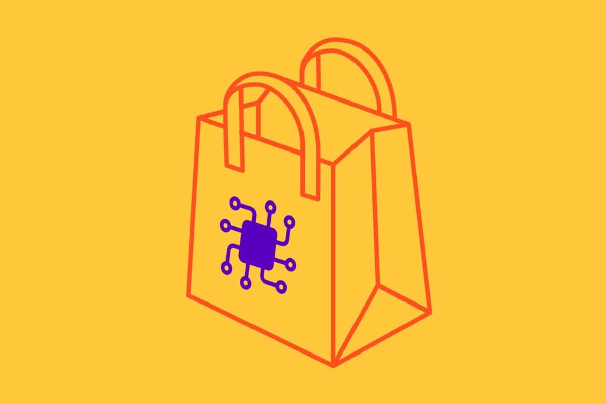 Shopping bag with symbol in the centre to represent technological advancement, accompanying an article about eCommerce plugins and extensions